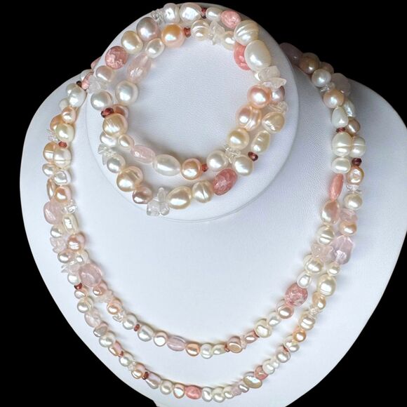 Vintage Honora 40" Pearl & Gemstone Necklace & Bracelet Set Pink Rhodochrosite - Picture 8 of 16